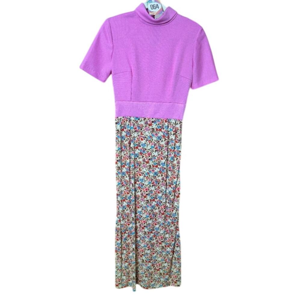 Vintage 60s/70s Pink Blue Floral Short Sleeve Maxi Dress XS Small Boho Hippie